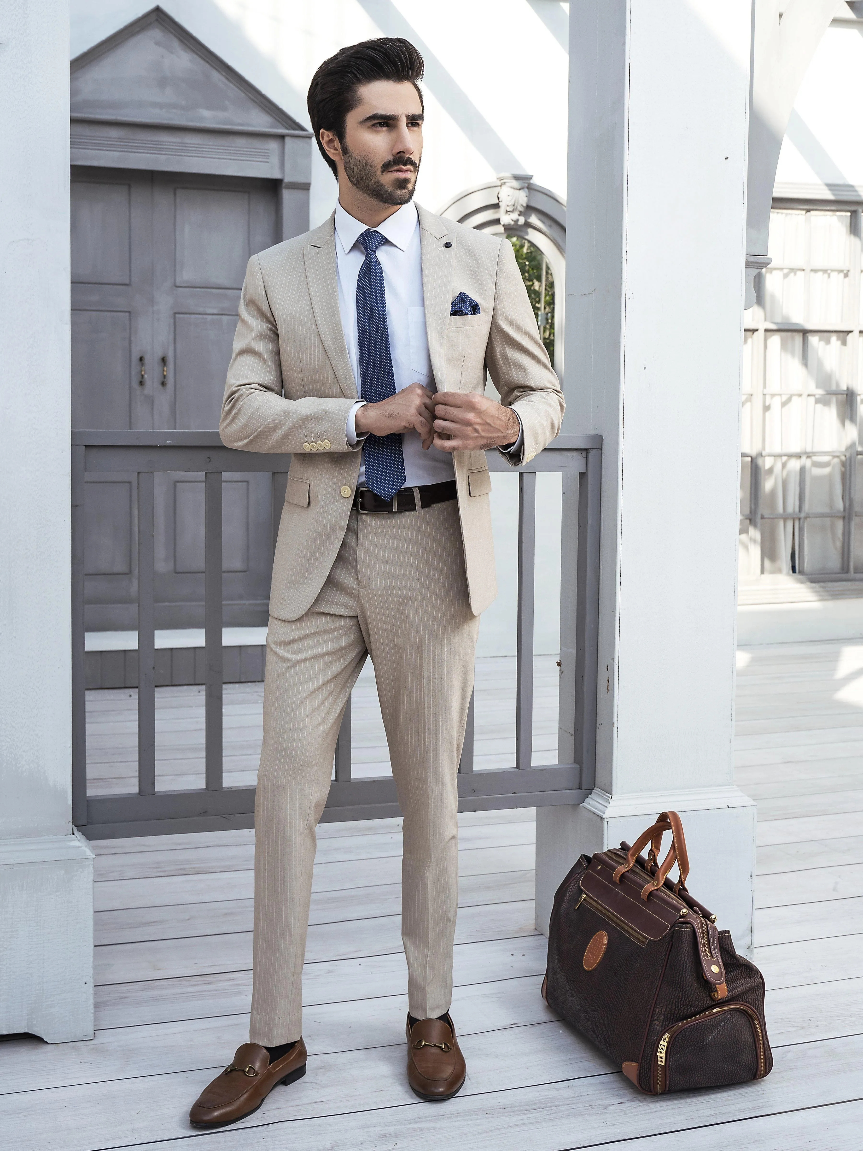 2 PIECE SUIT SLIM FIT LINNING LIGHT KHAKI