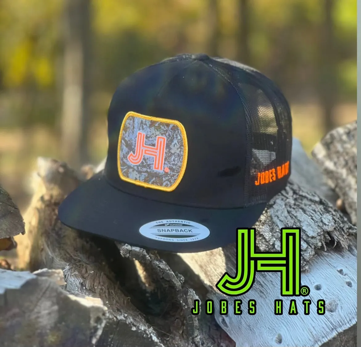 2022 Jobes Hats All Black Camo Neon Orange Outline