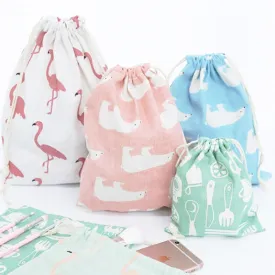 3 Size Cute Printing Flamingo Cartoons Protable Cotton Drawstrping Bag For Travel Pouch Storage Clothes Handbag Storage Bag