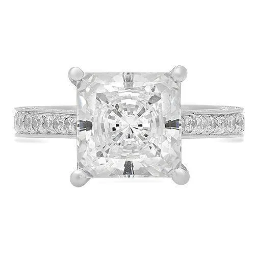 3.5 Carat Princess Cut Cubic Zirconia Center Stone Engagement Ring Micro Pave Eternity Shank 14K White Gold