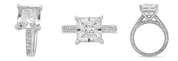 3.5 Carat Princess Cut Cubic Zirconia Center Stone Engagement Ring Micro Pave Eternity Shank 14K White Gold