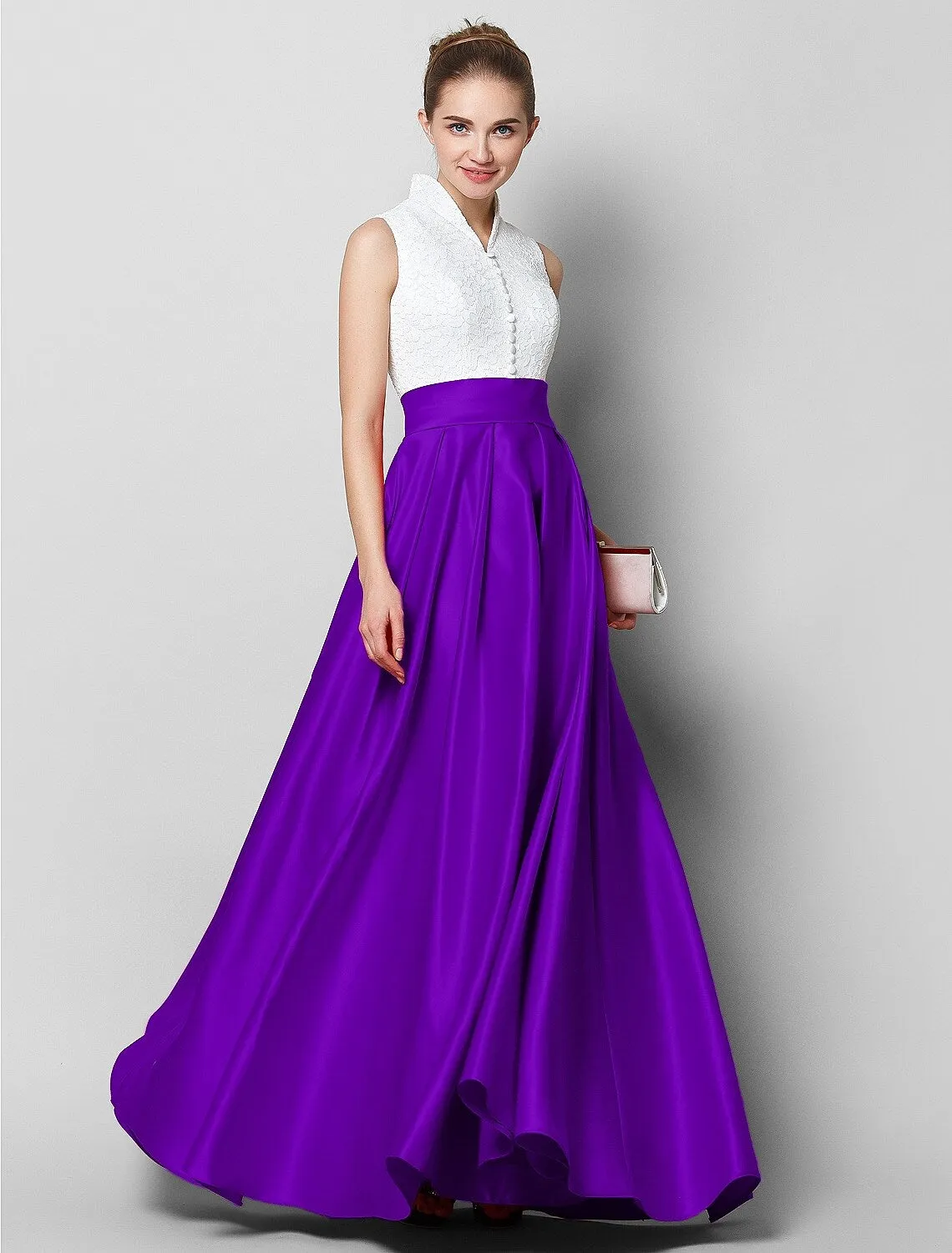 A-Line Elegant Luxurious Color Block Formal Evening Gala Dress High Neck Sleeveless Floor Length Lace with Pleats