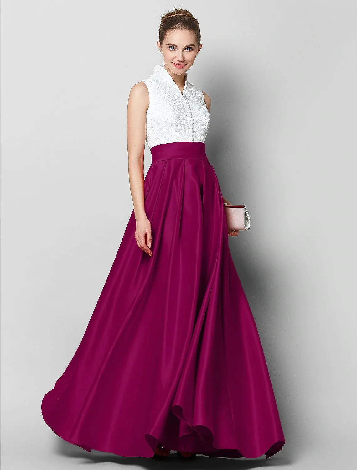 A-Line Elegant Luxurious Color Block Formal Evening Gala Dress High Neck Sleeveless Floor Length Lace with Pleats