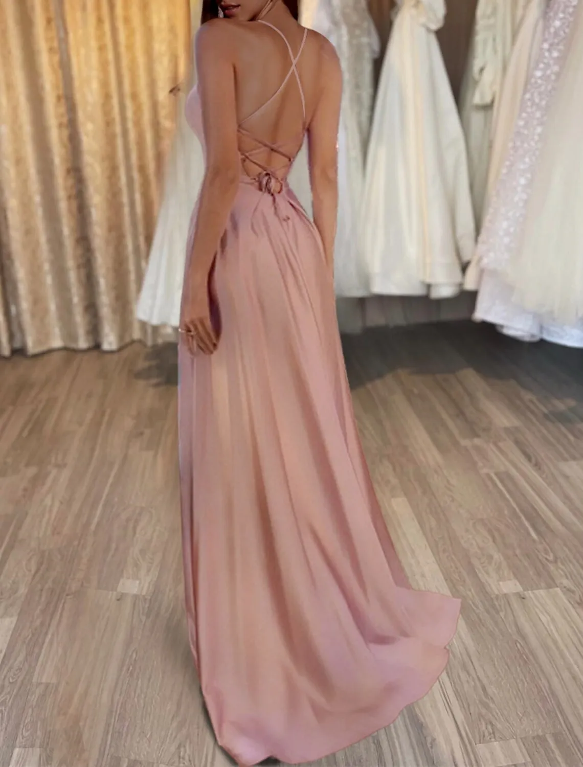 A-Line Evening Gown Backless Dress Formal Wedding Guest Sweep / Brush Train Sleeveless Spaghetti Strap Satin Backless with Slit