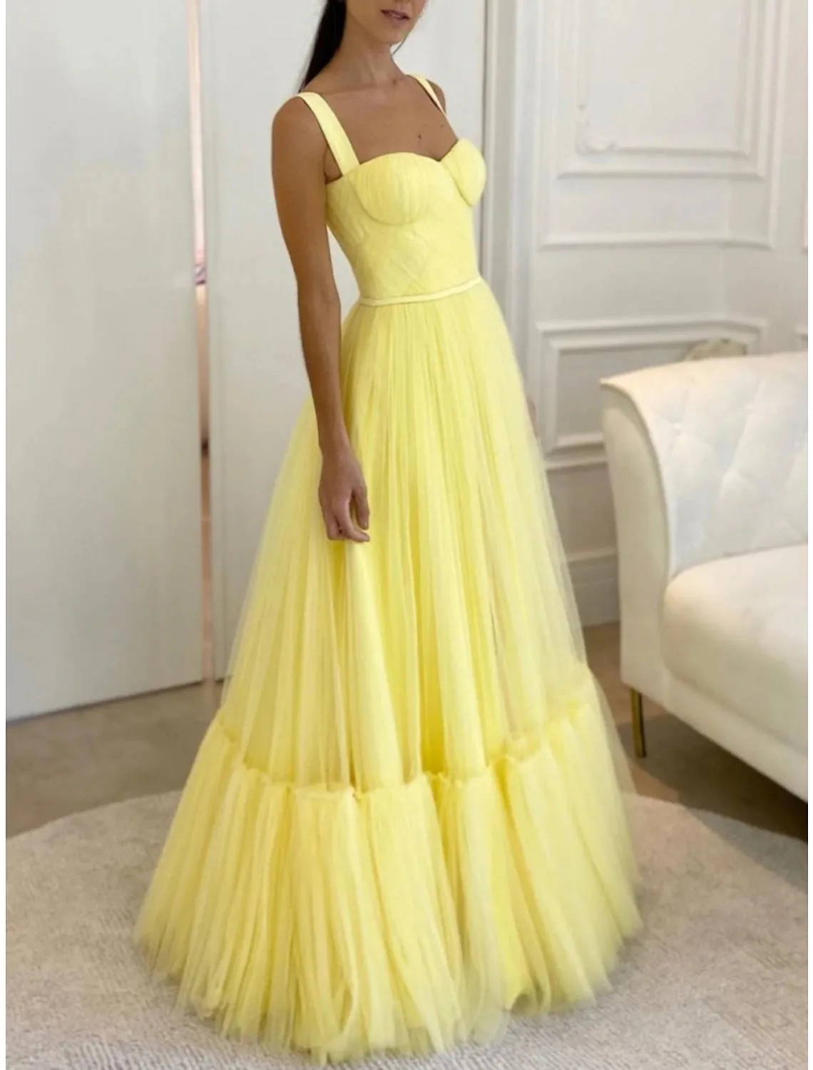 A-Line Evening Gown Elegant Dress Formal Floor Length Sleeveless Sweetheart Tulle with Pleats