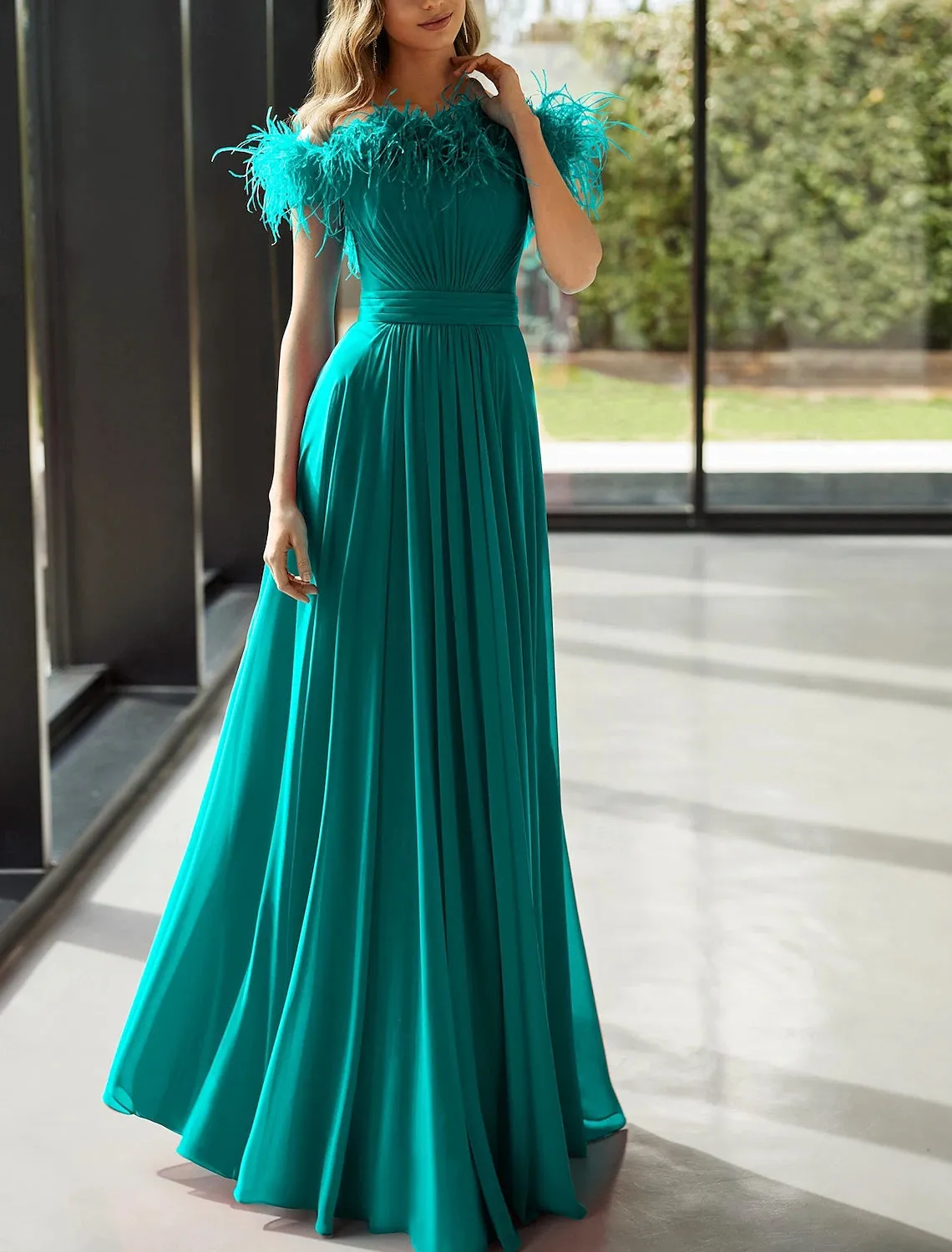 A-Line Evening Gown Formal Floor Length Sleeveless Off Shoulder Stretch Chiffon with Feather