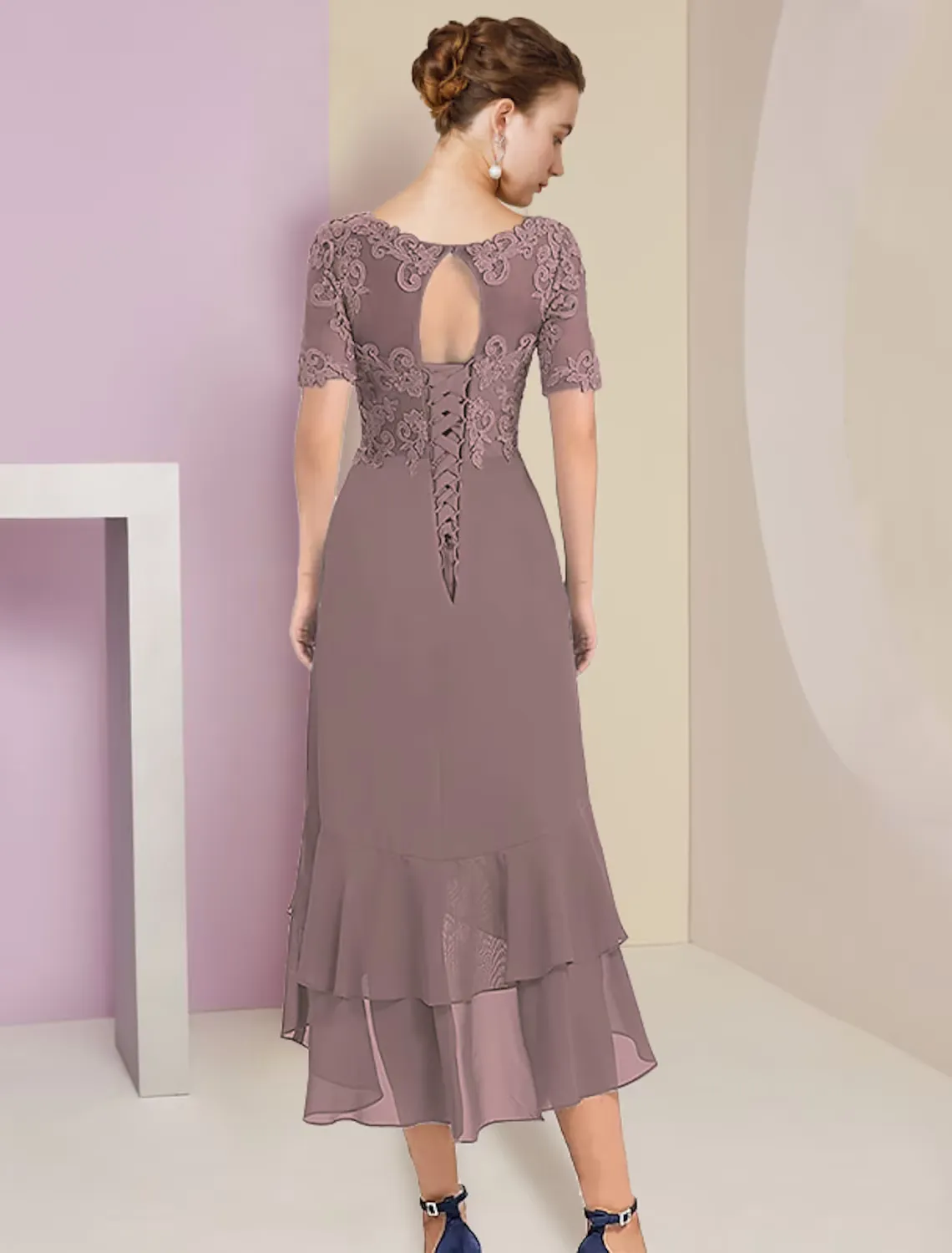 A-Line Mother of the Bride Dress Formal Wedding Guest Elegant High Low V Neck Asymmetrical Tea Length Chiffon Lace Short Sleeve Wrap Included with Appliques