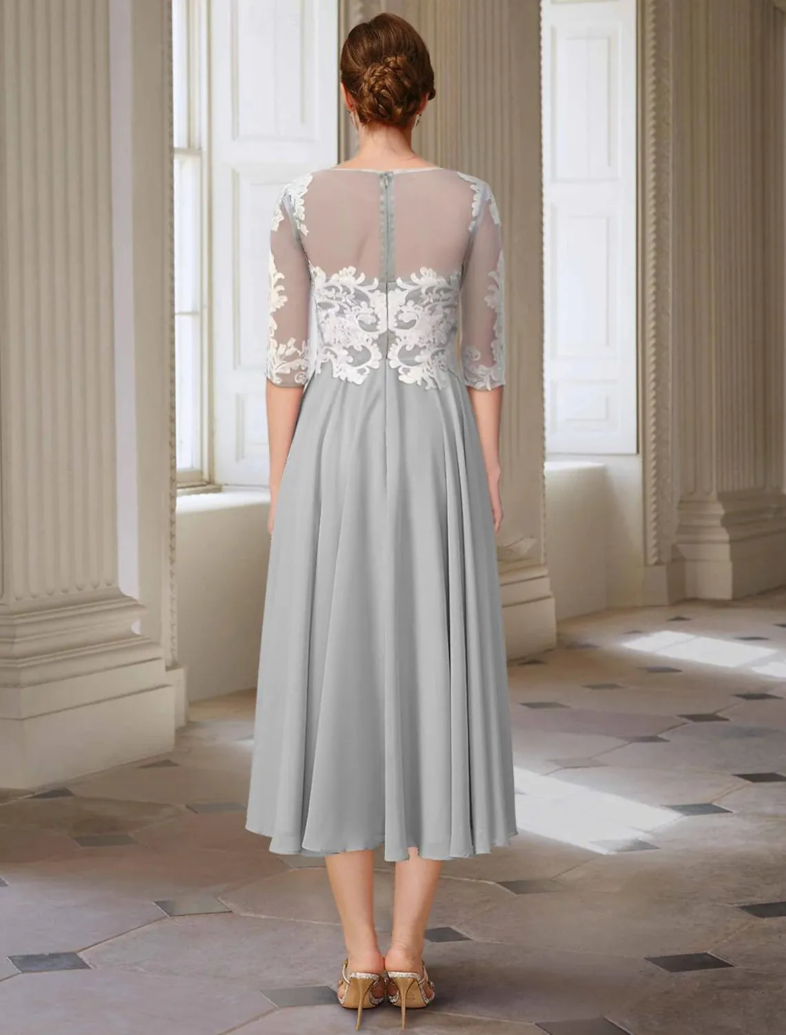 A-Line Mother of the Bride Dress Formal Wedding Guest Elegant Jewel Neck Asymmetrical Ankle Length Chiffon Lace with Appliques