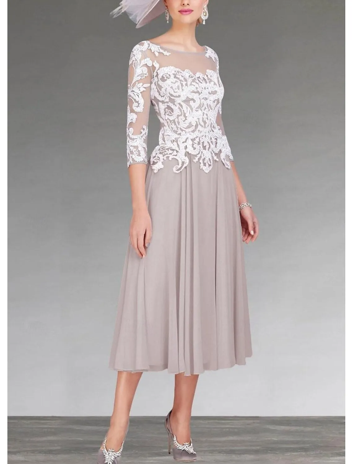 A-Line Mother of the Bride Dress Formal Wedding Guest Elegant Jewel Neck Asymmetrical Ankle Length Chiffon Lace with Appliques