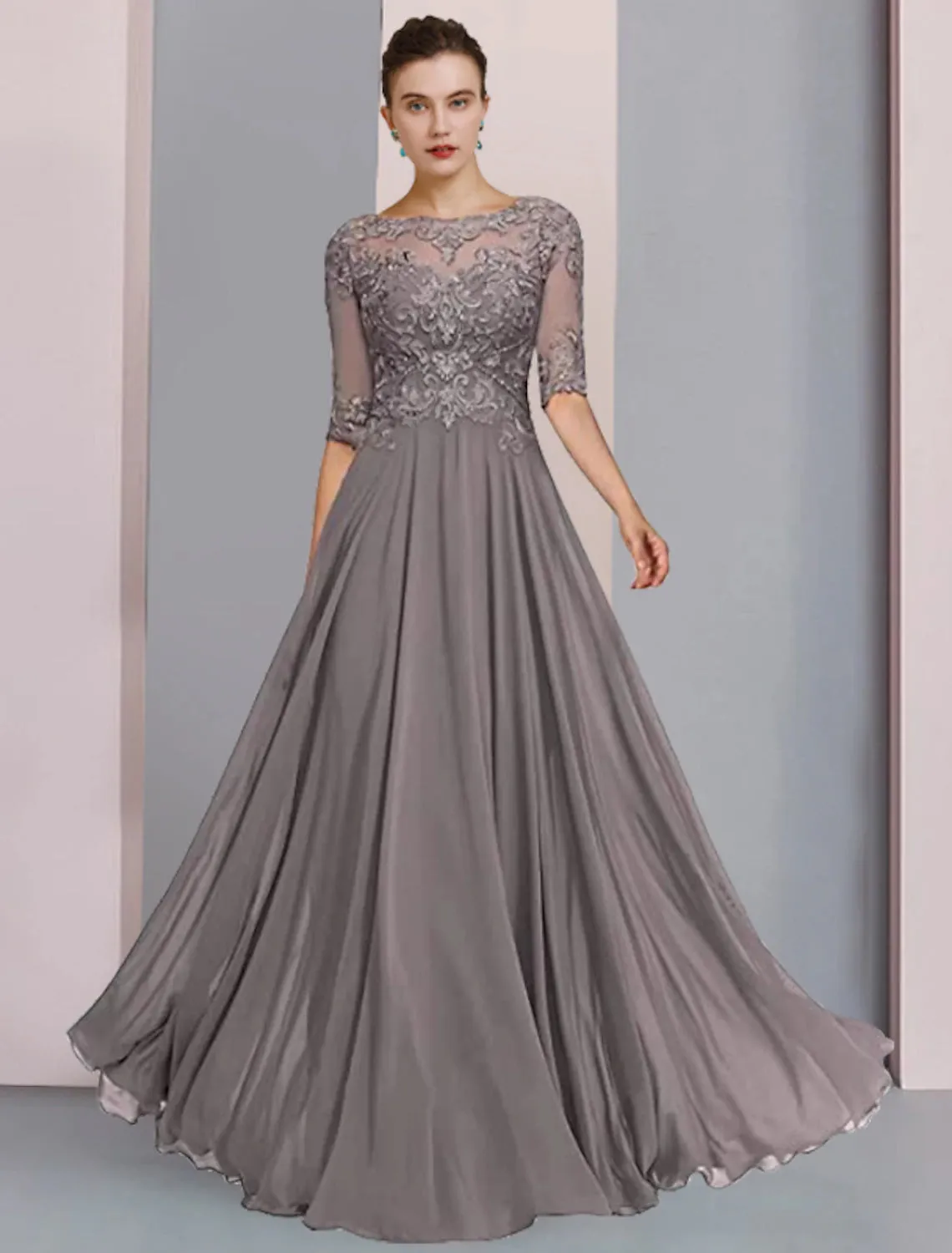 A-Line Mother of the Bride Dress Formal Wedding Guest Elegant Scoop Neck Floor Length Chiffon Lace Half Sleeve Wrap Included with Pleats Beading Appliques