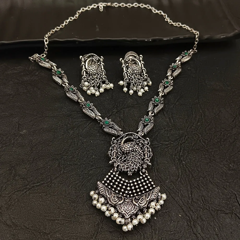 Bhavi Jewel Oxidised Plated  Peacock Pearl Necklace Set