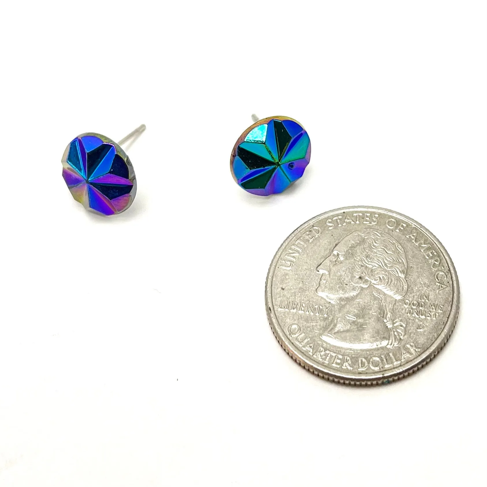 Blue Iris Pinwheel Retro Button Stud Earrings