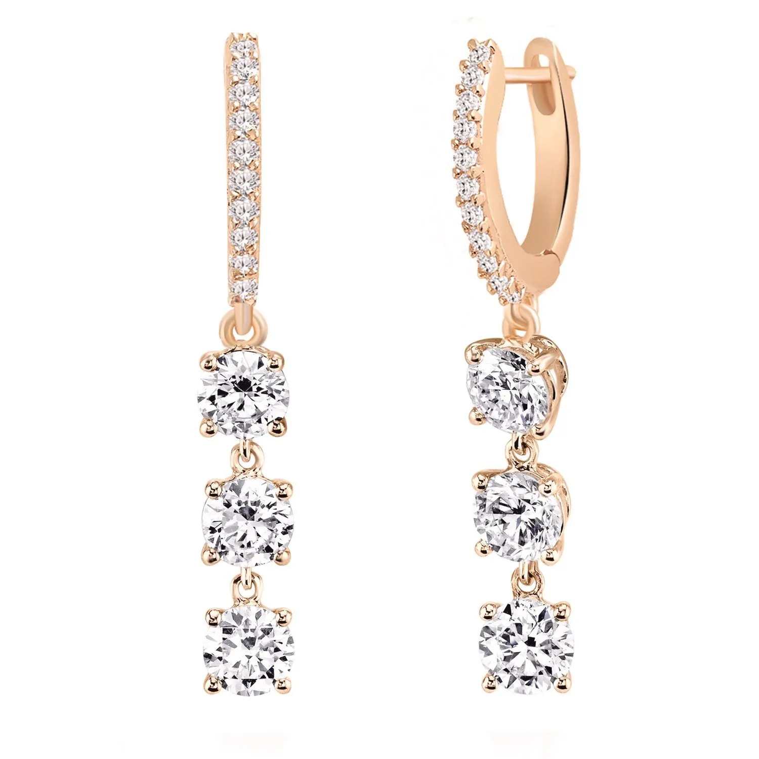 Brass 18k Rose Gold Round Crystal Dangler Earring Pair For Women