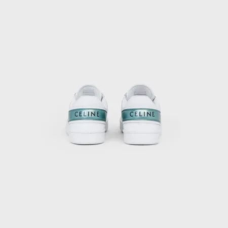 Celine Trainer Low Lace-up Sneaker in Calfskin & Laminated Calfskin Optic White / Light Blue