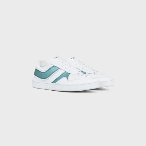 Celine Trainer Low Lace-up Sneaker in Calfskin & Laminated Calfskin Optic White / Light Blue