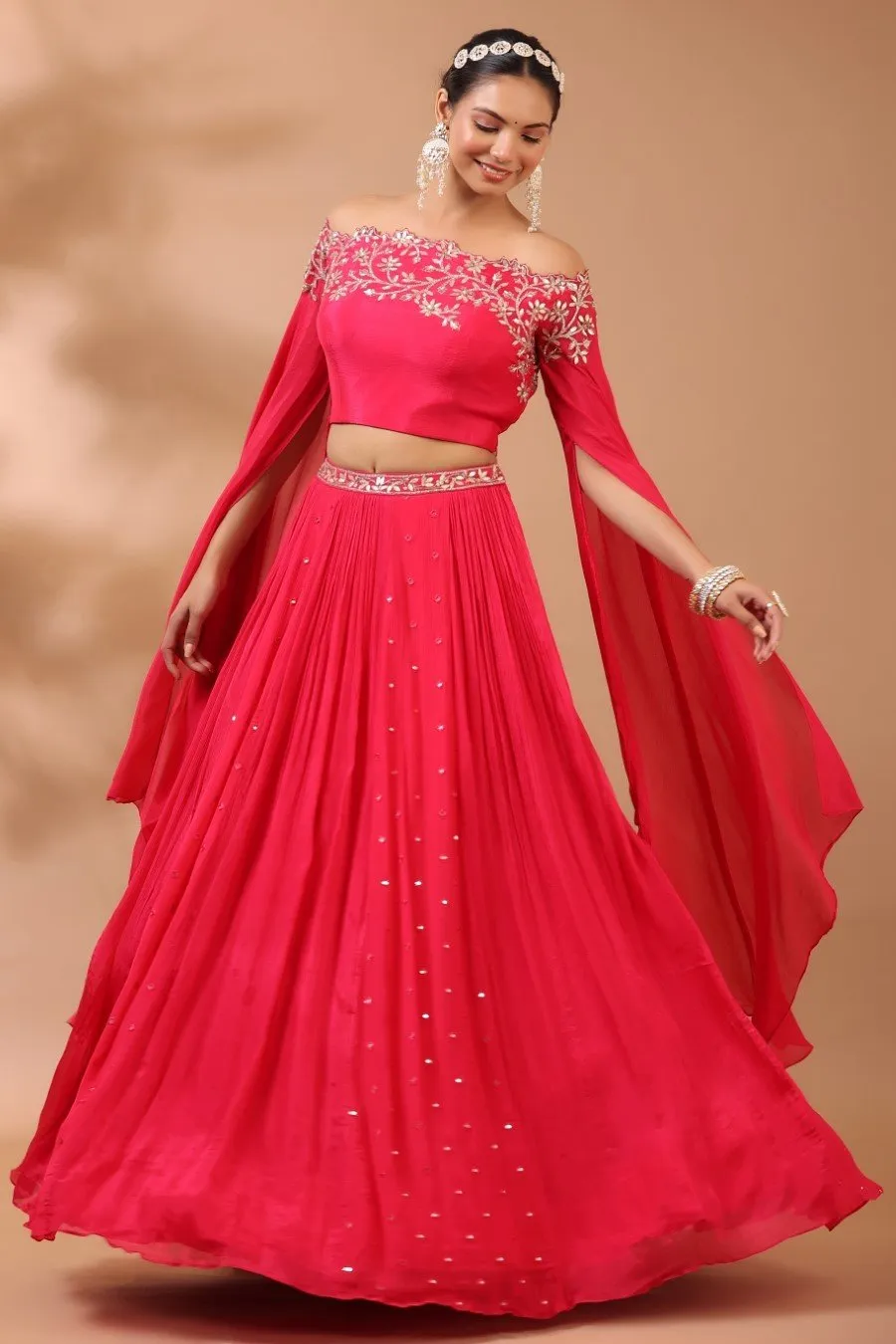 Cerise Pink Embroidered Indo Lehenga Set