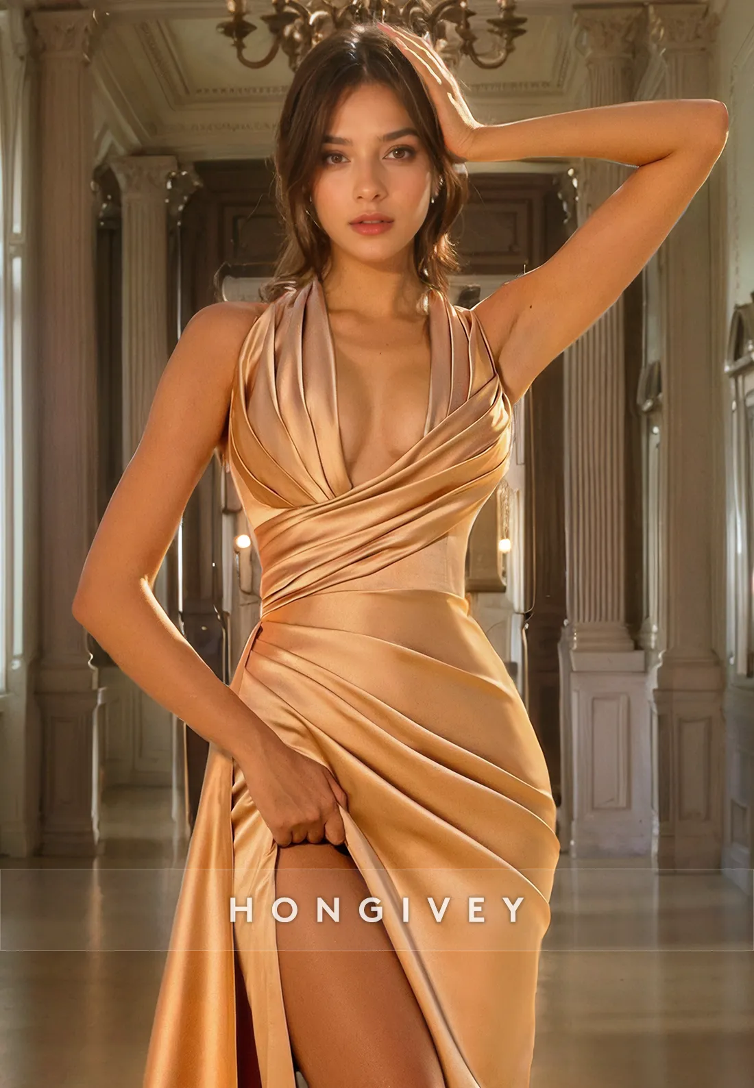 Chic Trumpet Asymmetrical Halter Sleeveless  With Side Slit Long Prom Dress