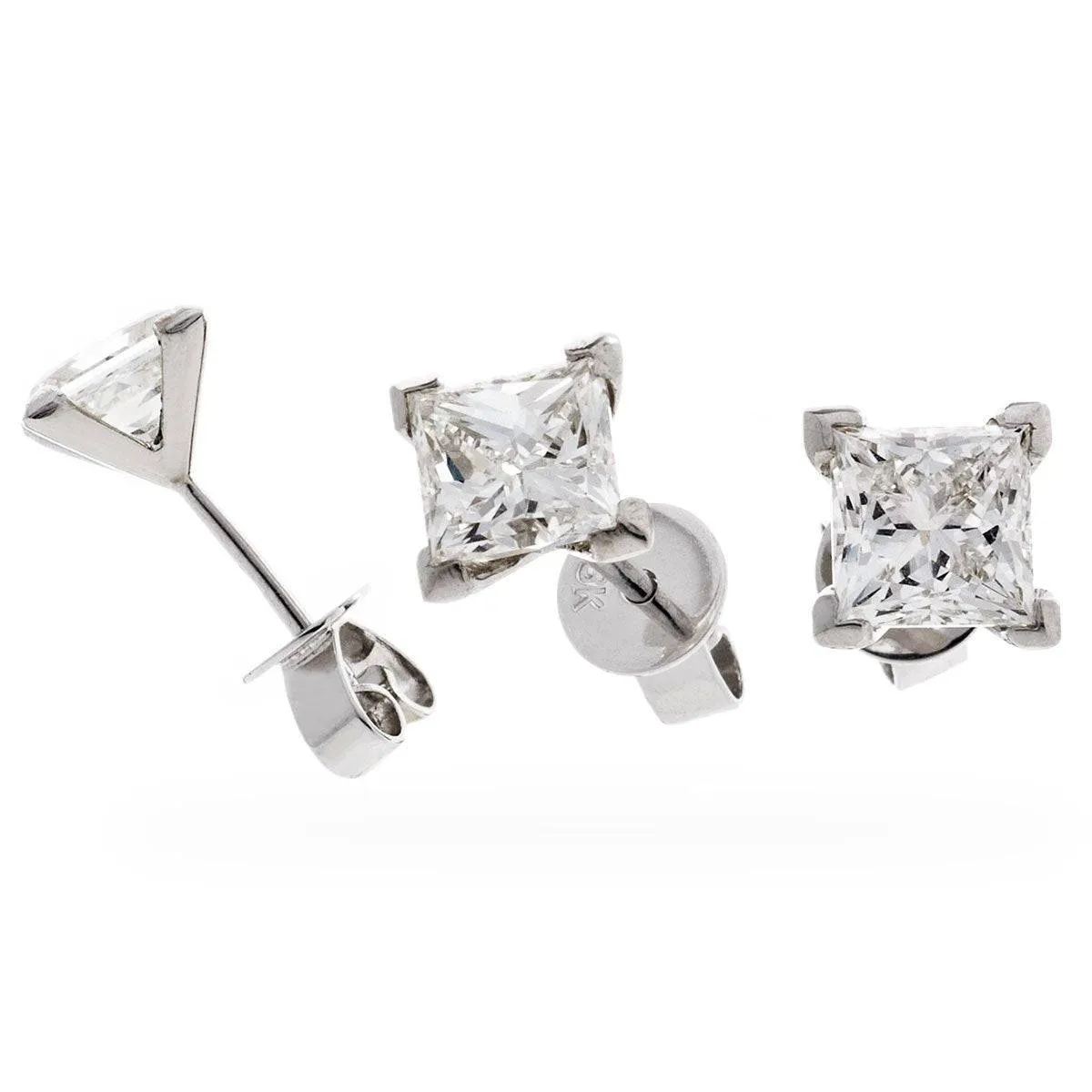 Derora Princess Cut Solitaire Stud Earrings in White Gold