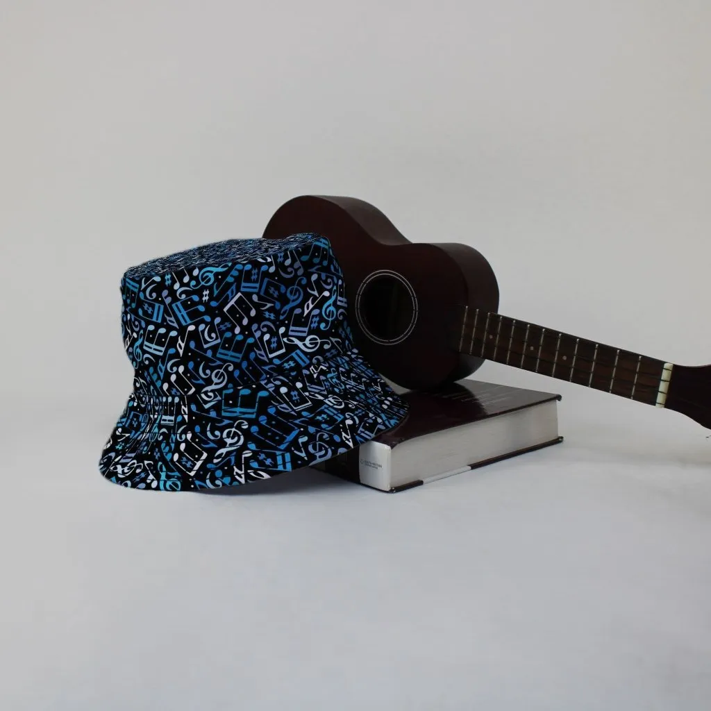 Dotted Blue Musical Notes Black Bucket Hat