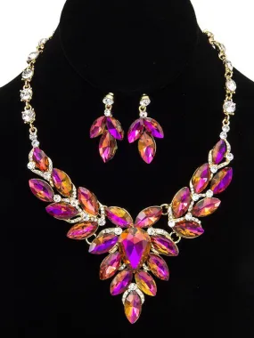 Faceted Crystal Gem Marquise Necklace Set in Pink Multi