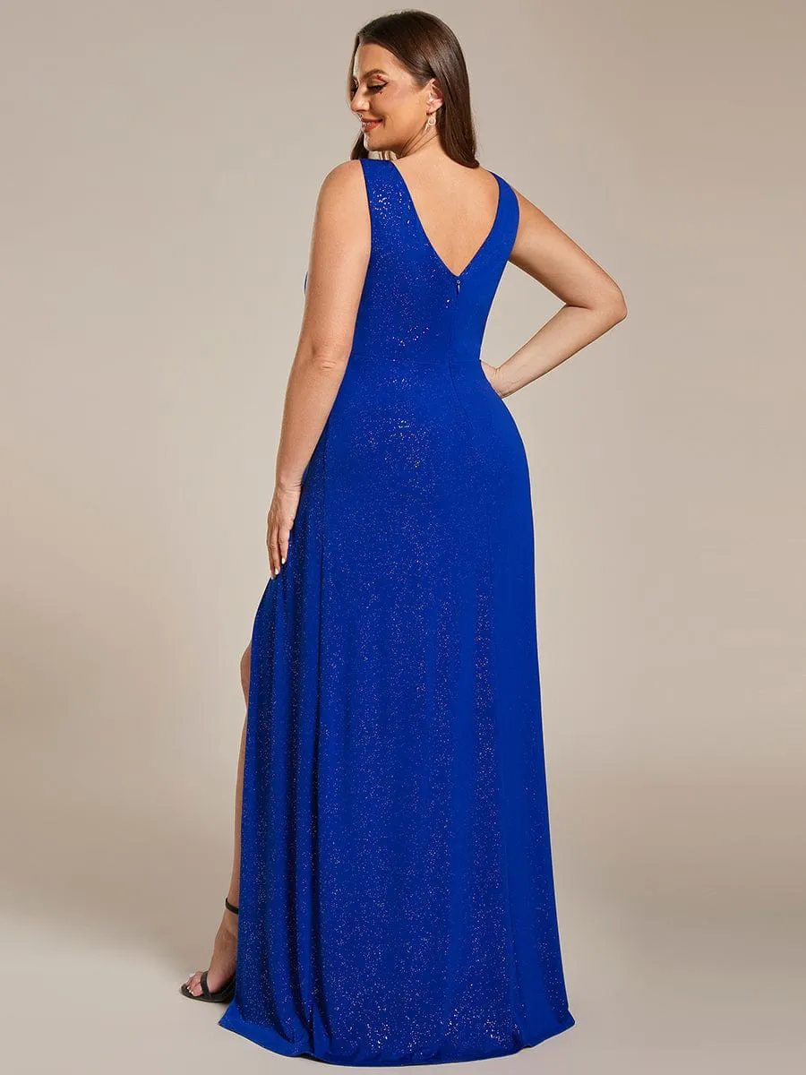 Glittery Sleeveless Double V-Neck Side Slit A-Line Formal Evening Dress