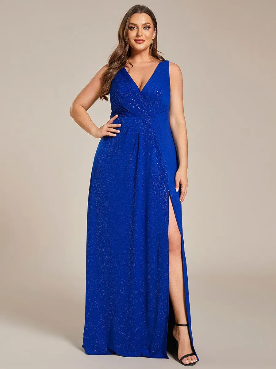 Glittery Sleeveless Double V-Neck Side Slit A-Line Formal Evening Dress