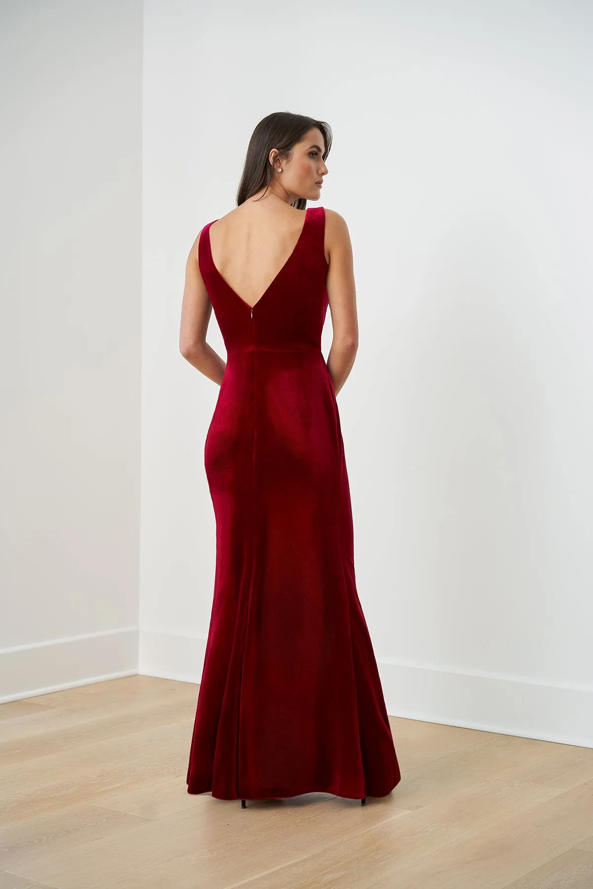 Jasmine B253061 Stretch Velvet Fit & Flare Gown with V-Neckline and Cut-Out Keyhole Center | Berry