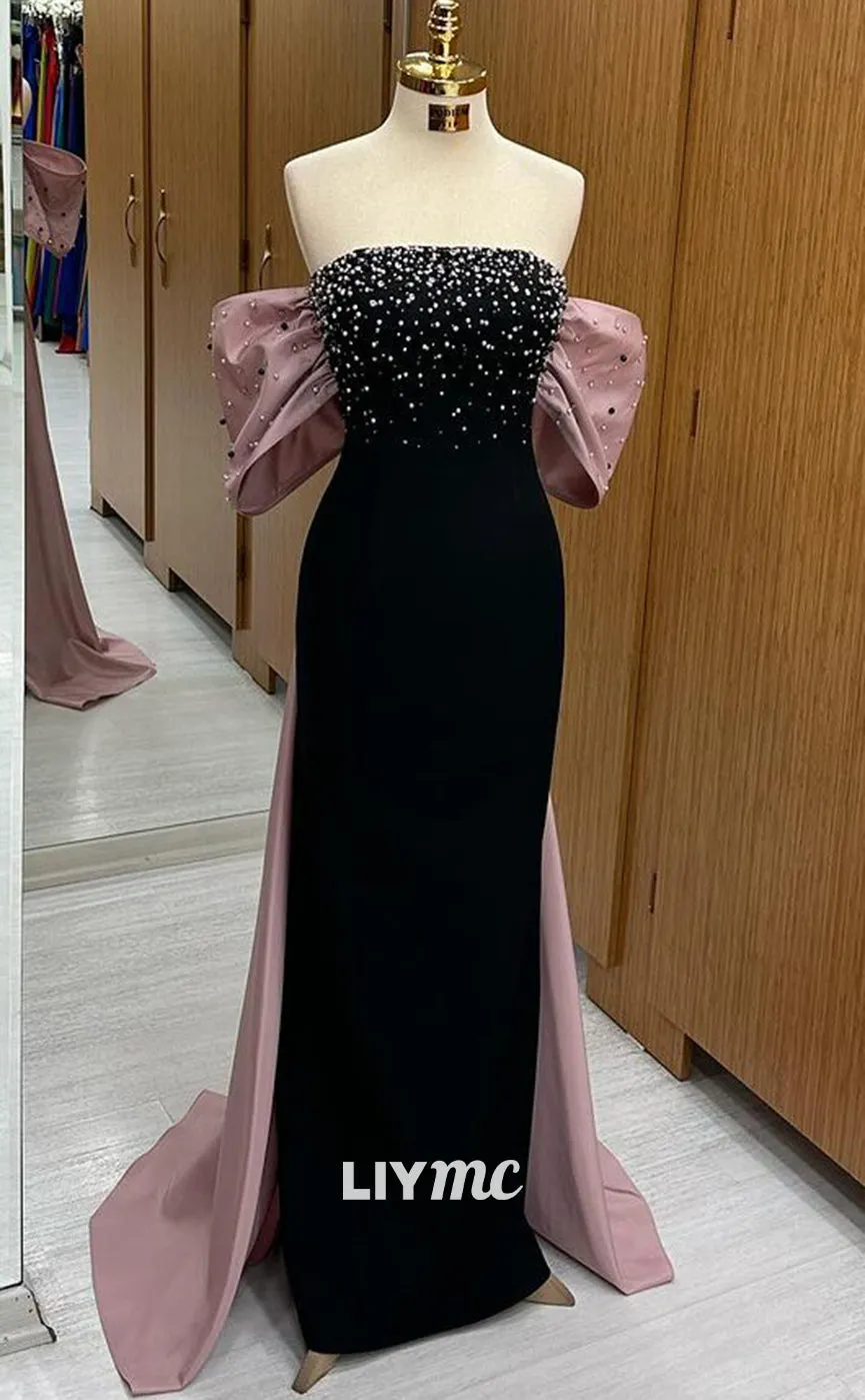 LP1341 - Modern Mermaid Fittted Black Strapless Sleeveless Crystal Long Prom Evening Gown with Pink Bowknot