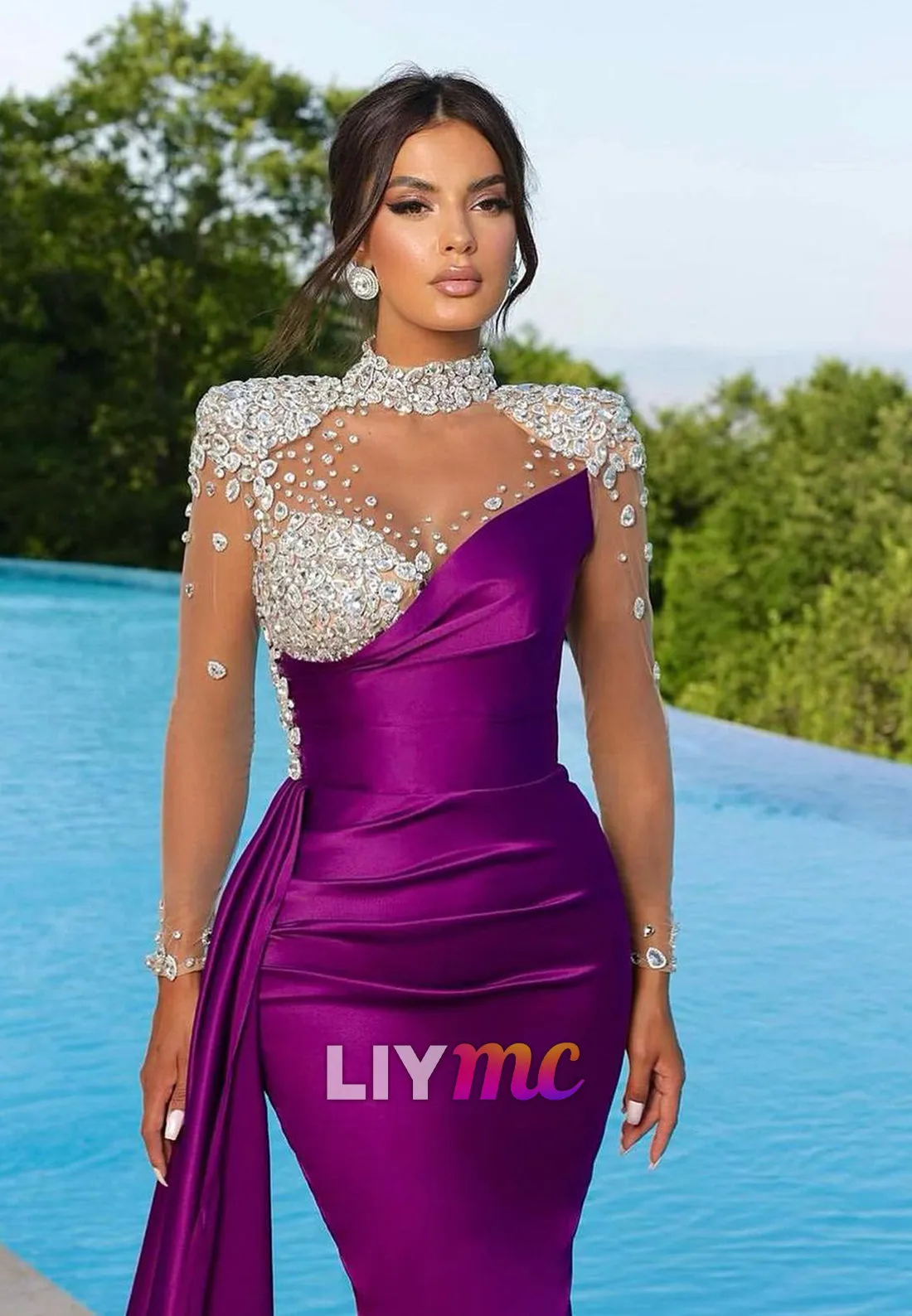 LP2315 - Halter Sheer Sleeves Beaded Sleek Satin Mermaid Prom Dress