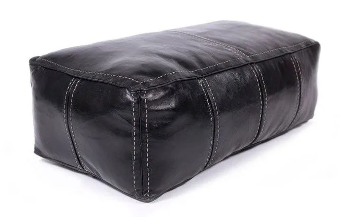 Moroccan Leather Pouf / Ottoman - Rectangular - Black - Aya