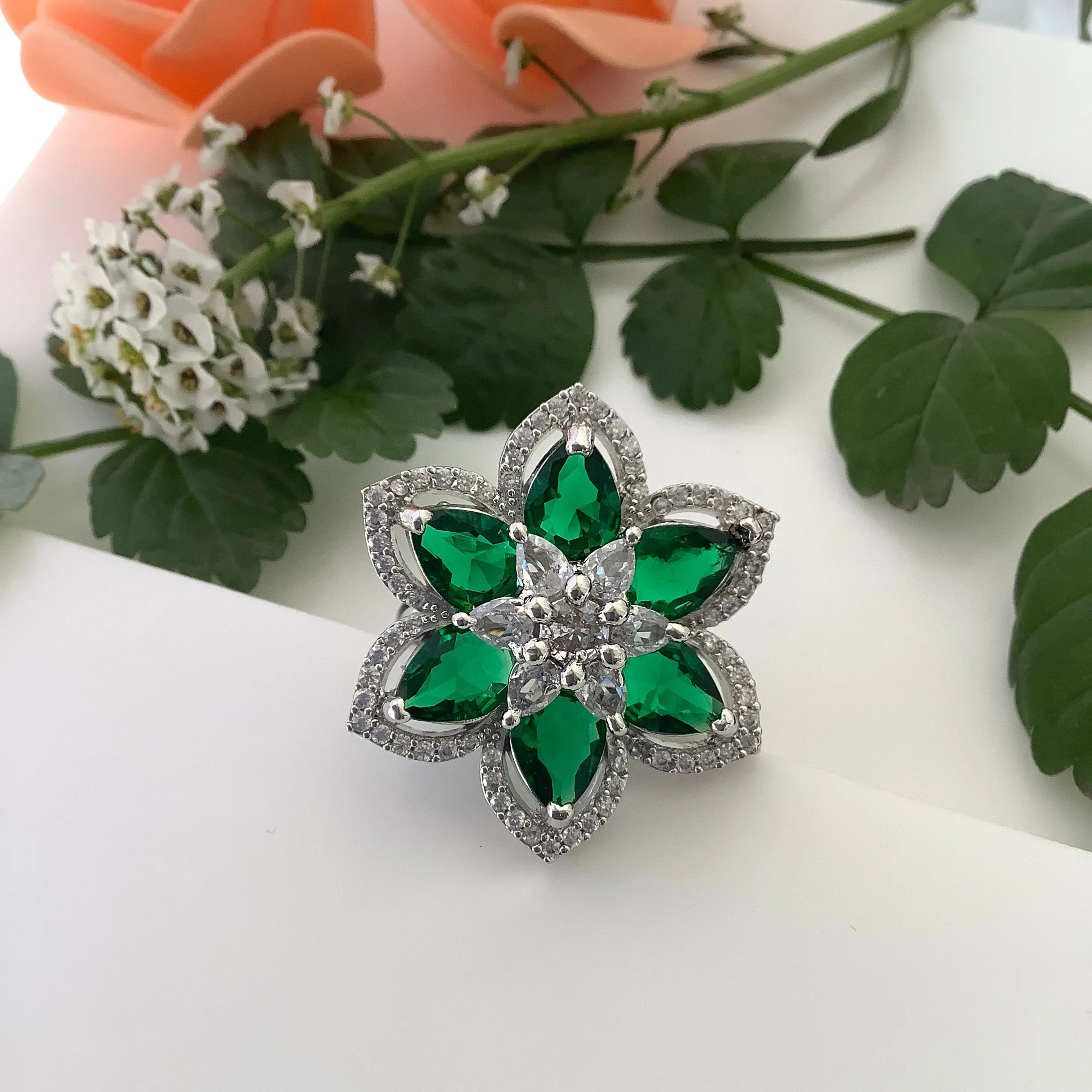 Salvanity - American Diamond Green Emerald Flower Finger Ring - Adjustable