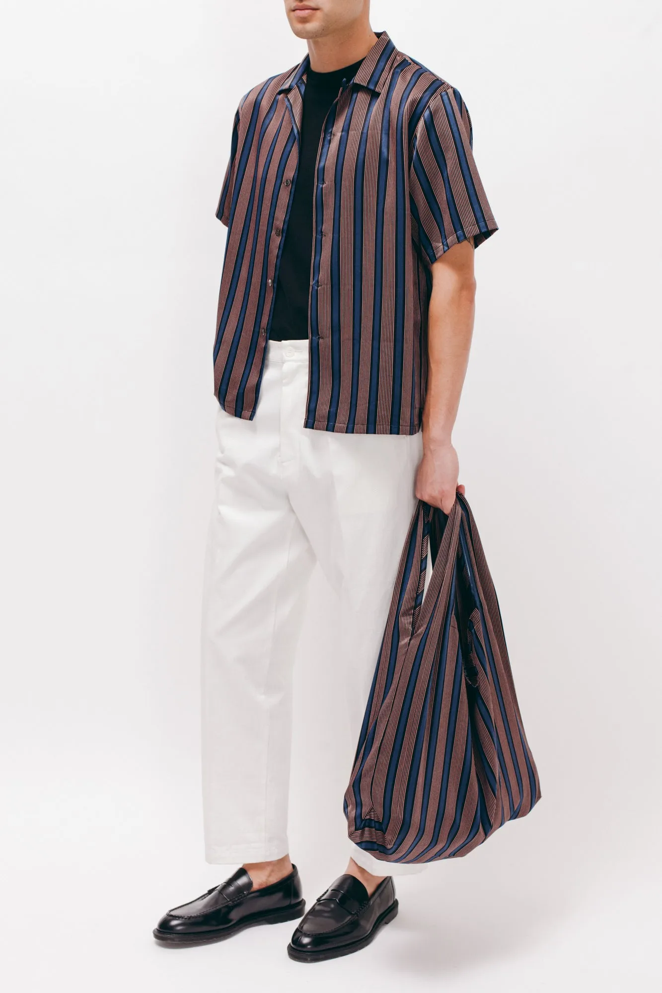 Stripe Rayon Market Tote - Navy